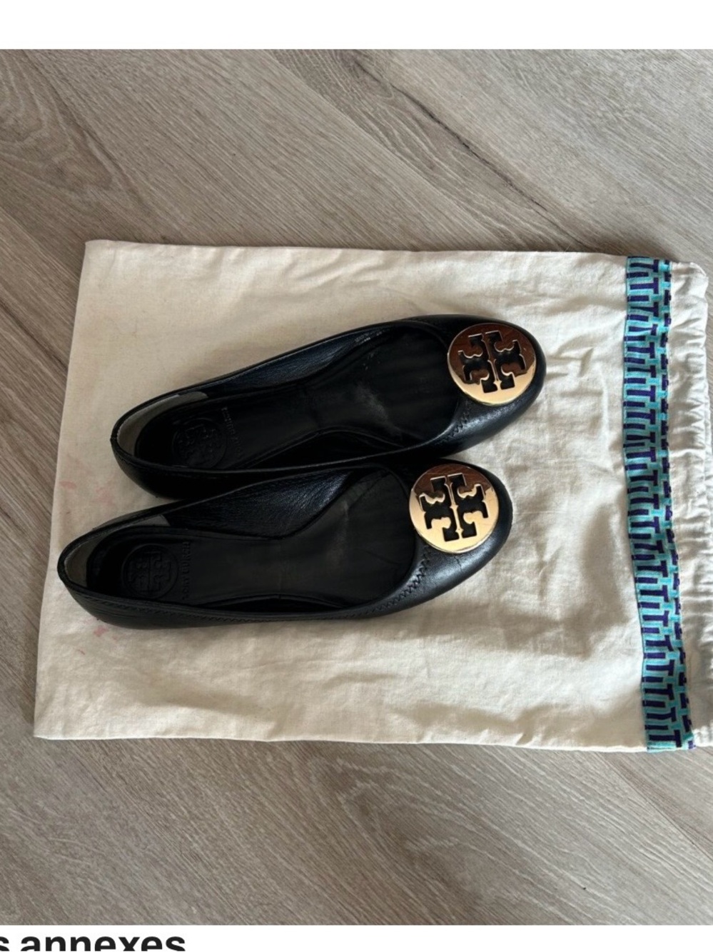 Tory Burch Black Leather Flats with Gold Logo Medallion
